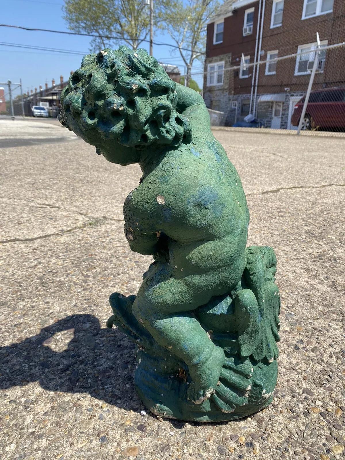 Vintage Italian Neoclassical Cement Cherub and Dolphin Garden Water Fountain 3