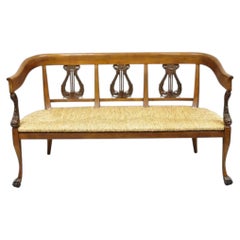 Vintage Italian Neoclassical Cherry Wood Dolphin Lyre Carved Rush Seat Bench