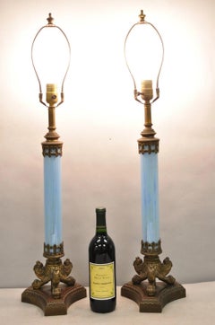 Vintage Italian Neoclassical Empire Iridescent Blue Glass Column Table Lamp Pair