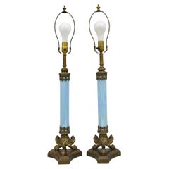 Vintage Italian Neoclassical Empire Iridescent Blue Glass Column Table Lamp Pair