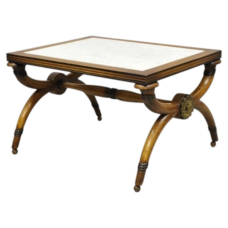 Vintage Italian Neoclassical Low Marble Top Curule X-Frame Accent Side Table