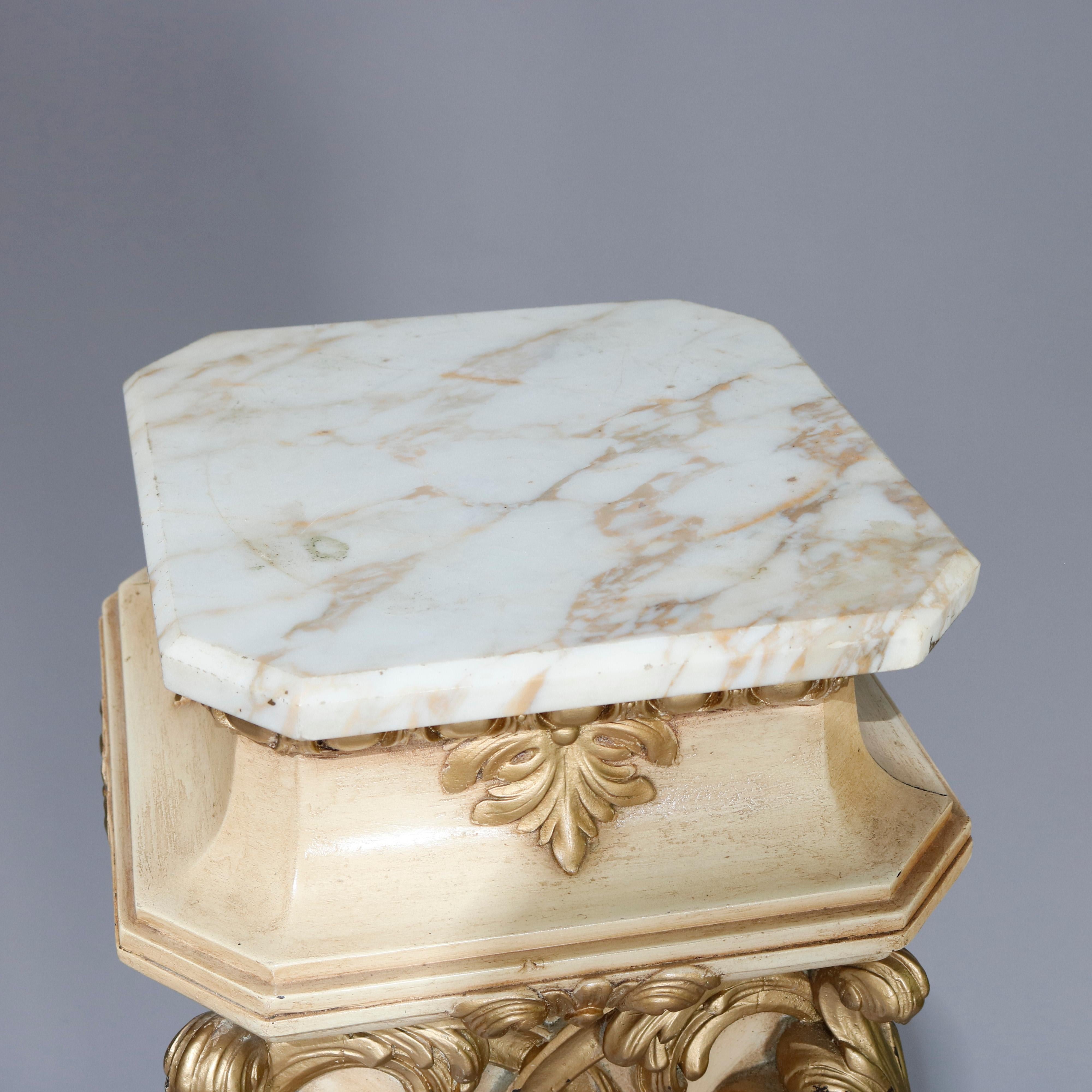 Vintage Italian Parcel Gilt Carved Wood Marble-Top Pedestal, 20th Century In Good Condition In Big Flats, NY
