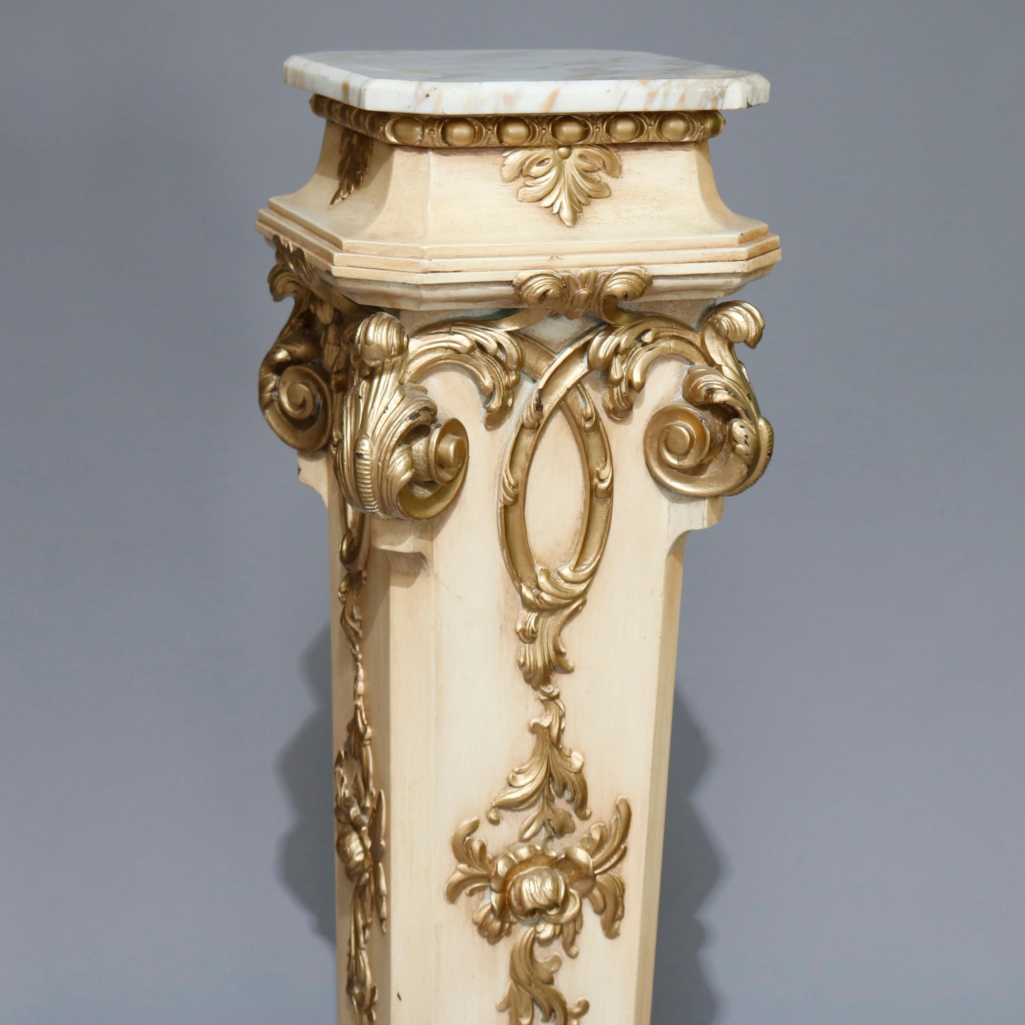 Vintage Italian Parcel Gilt Carved Wood Marble-Top Pedestal, 20th Century 2