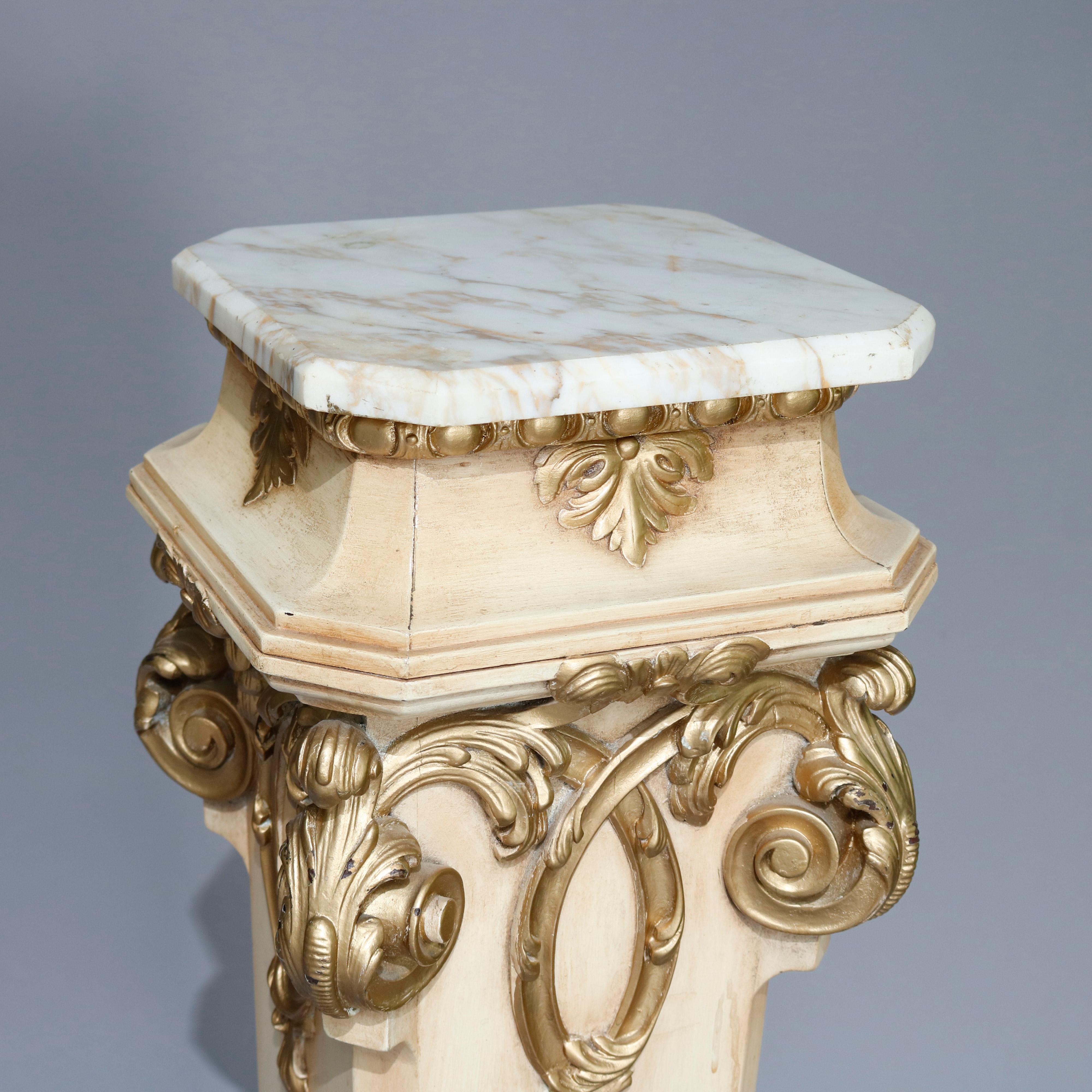 Vintage Italian Parcel Gilt Carved Wood Marble-Top Pedestal, 20th Century 4