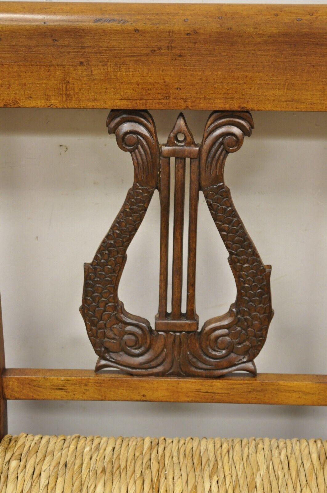Vintage Italian Neoclassical Regency Style Serpent Lyre Carved Rush Seat Bench For Sale 5