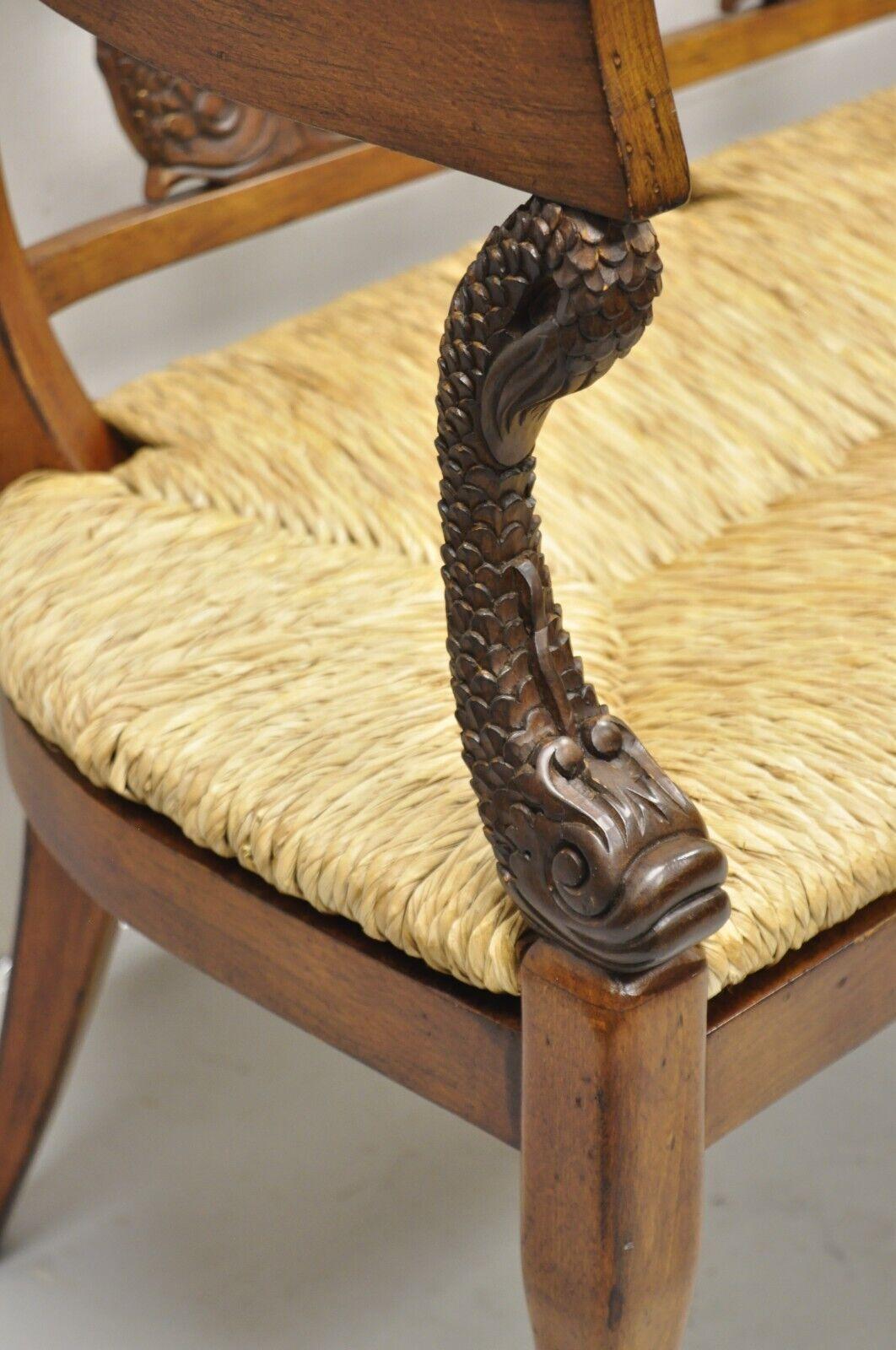Vintage Italian Neoclassical Regency Style Serpent Lyre Carved Rush Seat Bench In Good Condition For Sale In Philadelphia, PA