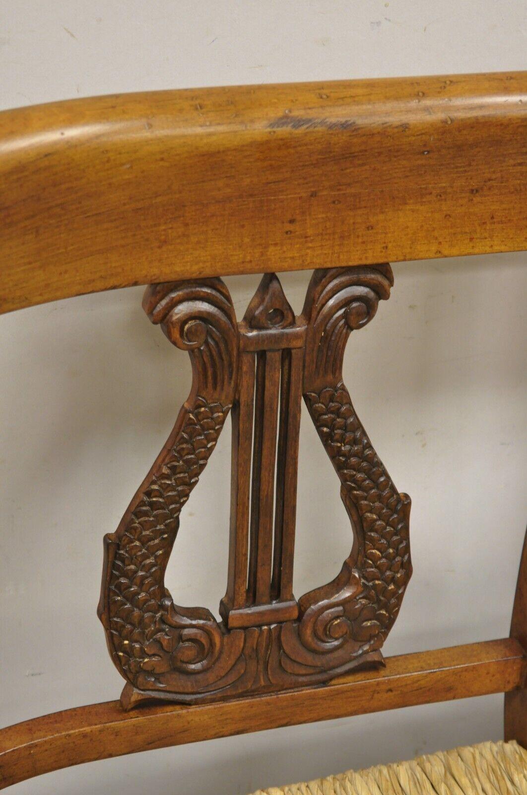 Rope Vintage Italian Neoclassical Regency Style Serpent Lyre Carved Rush Seat Bench For Sale