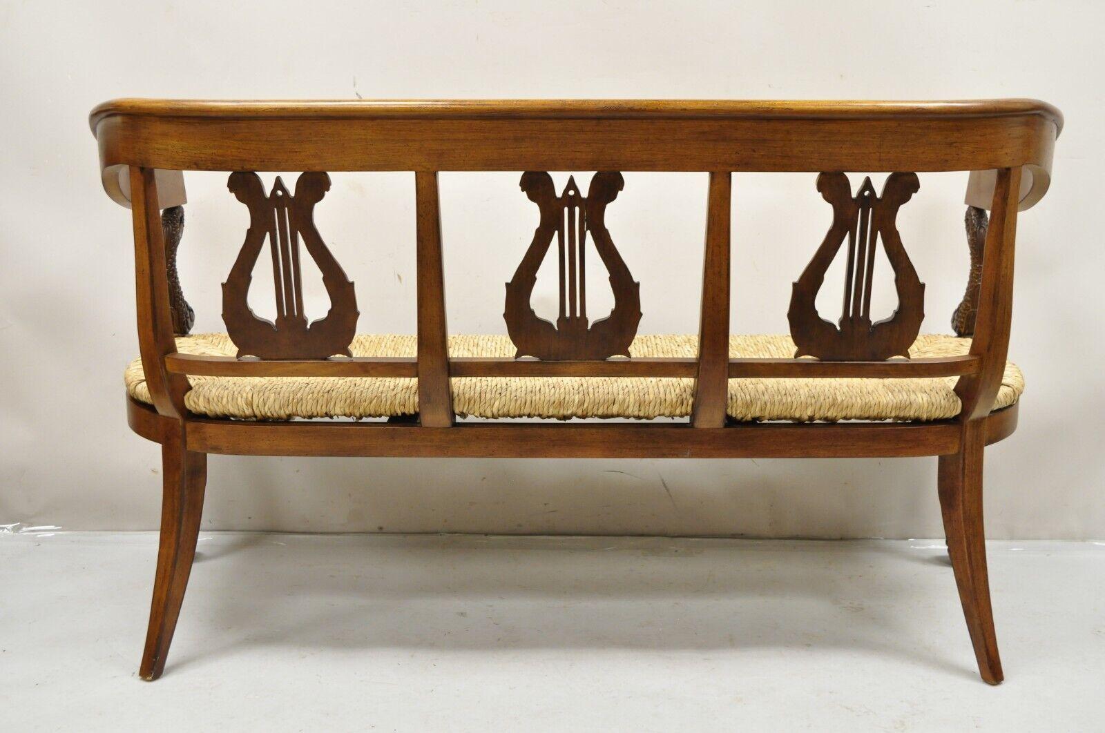 Vintage Italian Neoclassical Regency Style Serpent Lyre Carved Rush Seat Bench For Sale 1