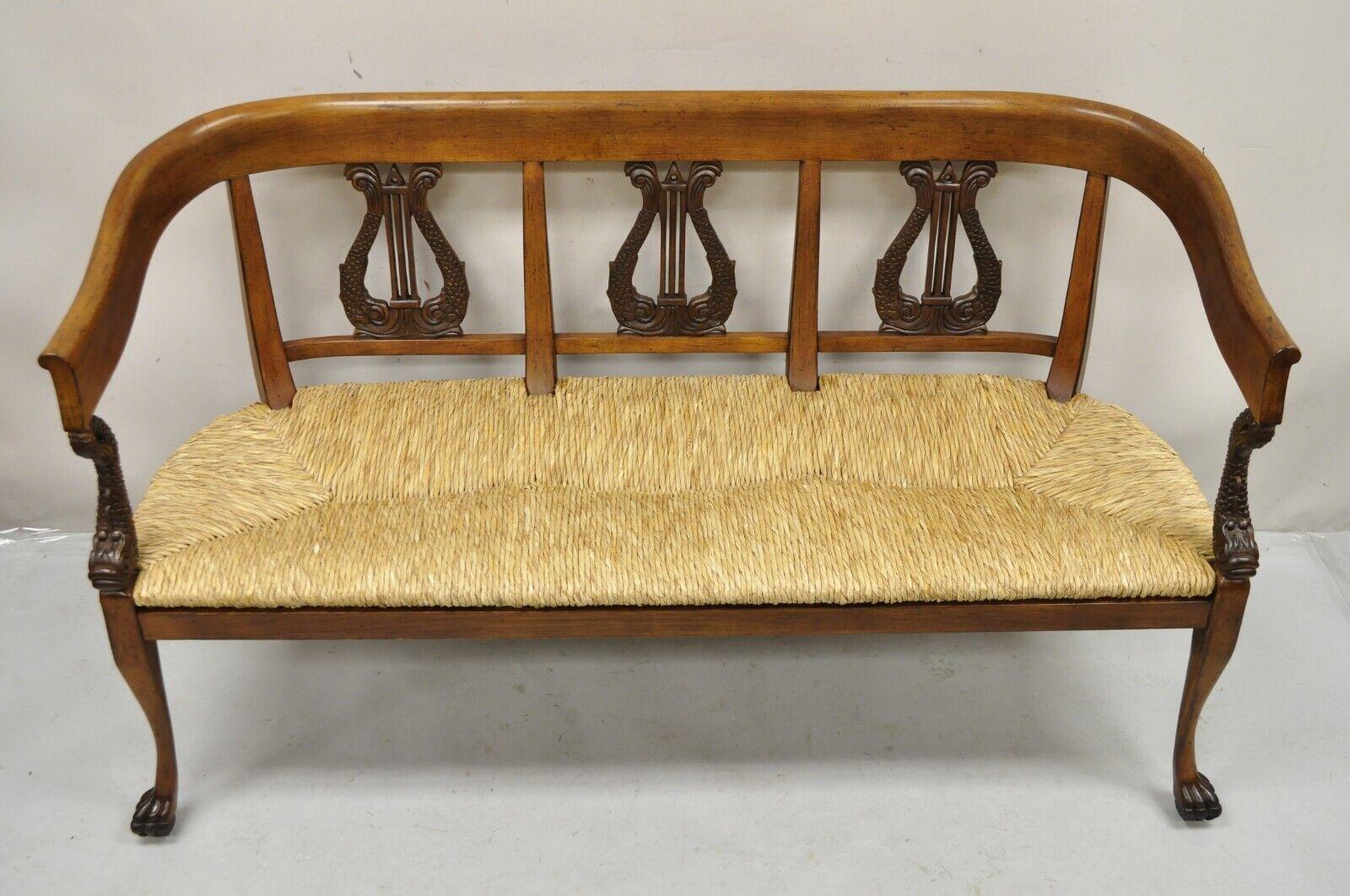 Vintage Italian Neoclassical Regency Style Serpent Lyre Carved Rush Seat Bench For Sale 3