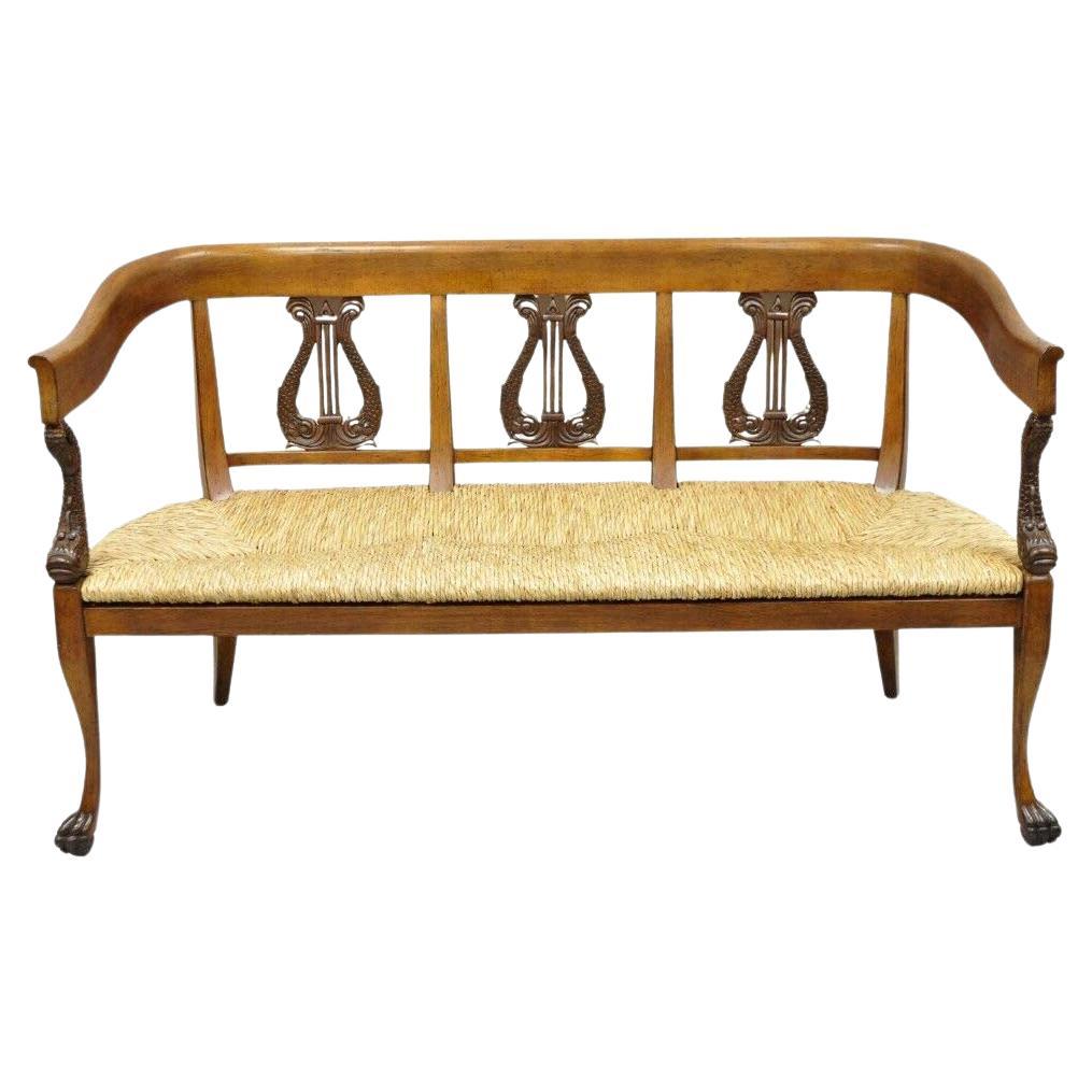 Vintage Italian Neoclassical Regency Style Serpent Lyre Carved Rush Seat Bench For Sale