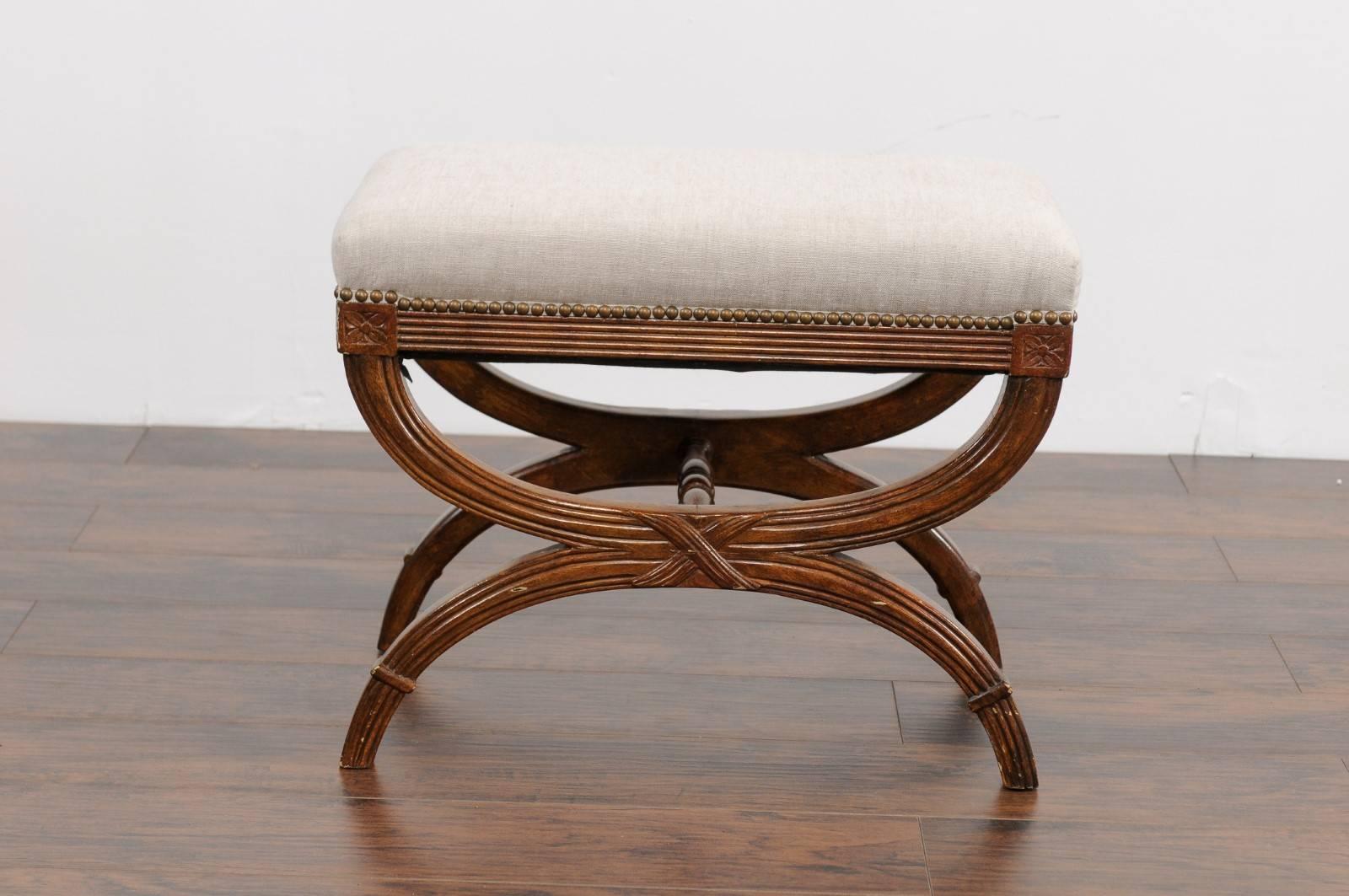 20th Century Vintage Italian Neoclassical Style 1950s Carved and Grain-Painted X-Form Stool