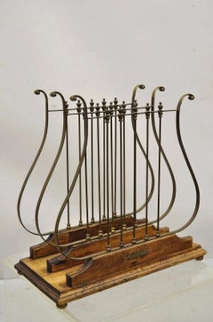 Vintage Italian Neoclassical Style Brass Lyre Harp Wooden Magazine Rack Stand