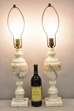 Vintage Italian Neoclassical Style Carved White Marble Urn Table Lamps - a Pair