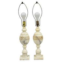 Vintage Italian Neoclassical Style Carved White Marble Urn Table Lamps - a Pair