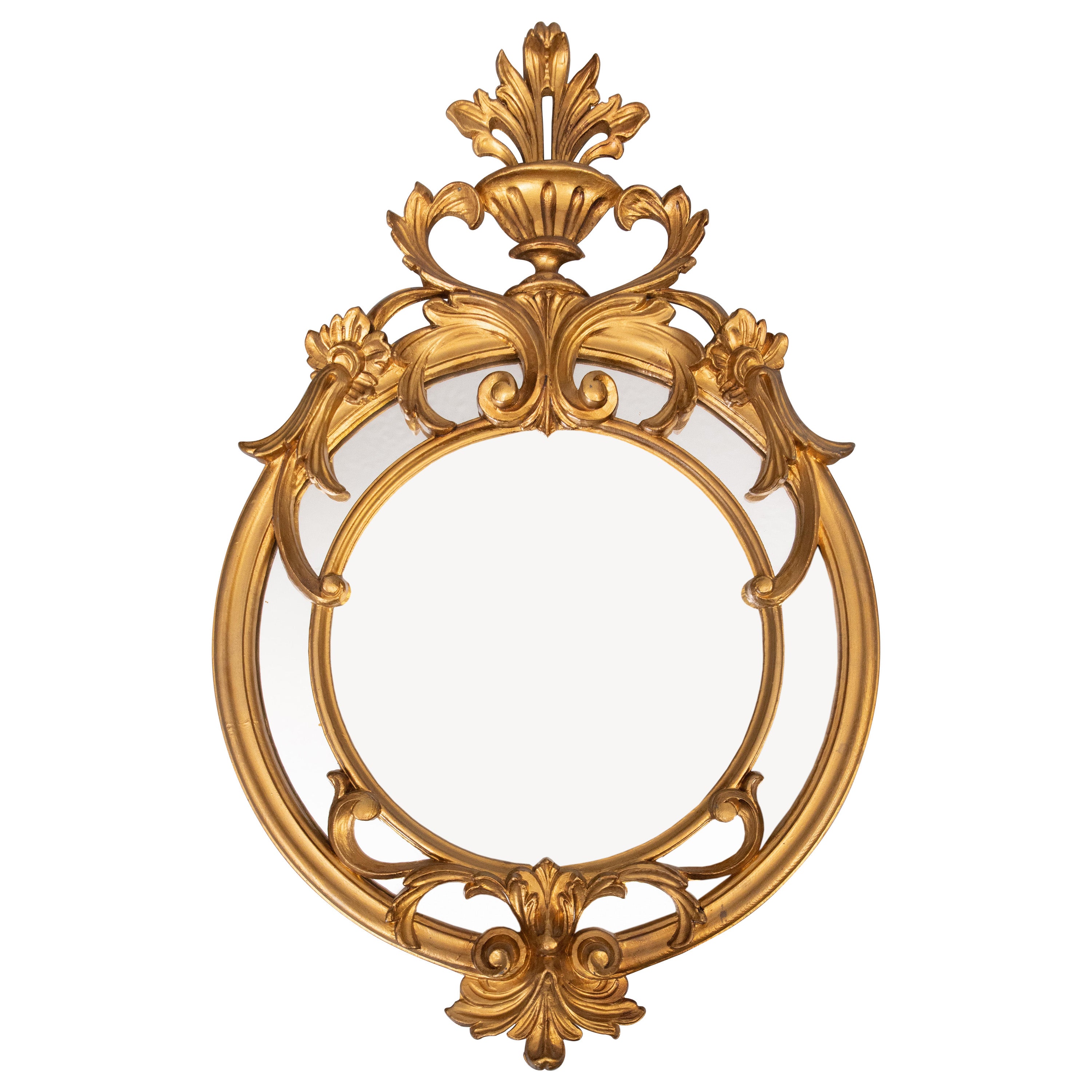 Specchio d'epoca in stile neoclassico italiano in resina dorata con stemma