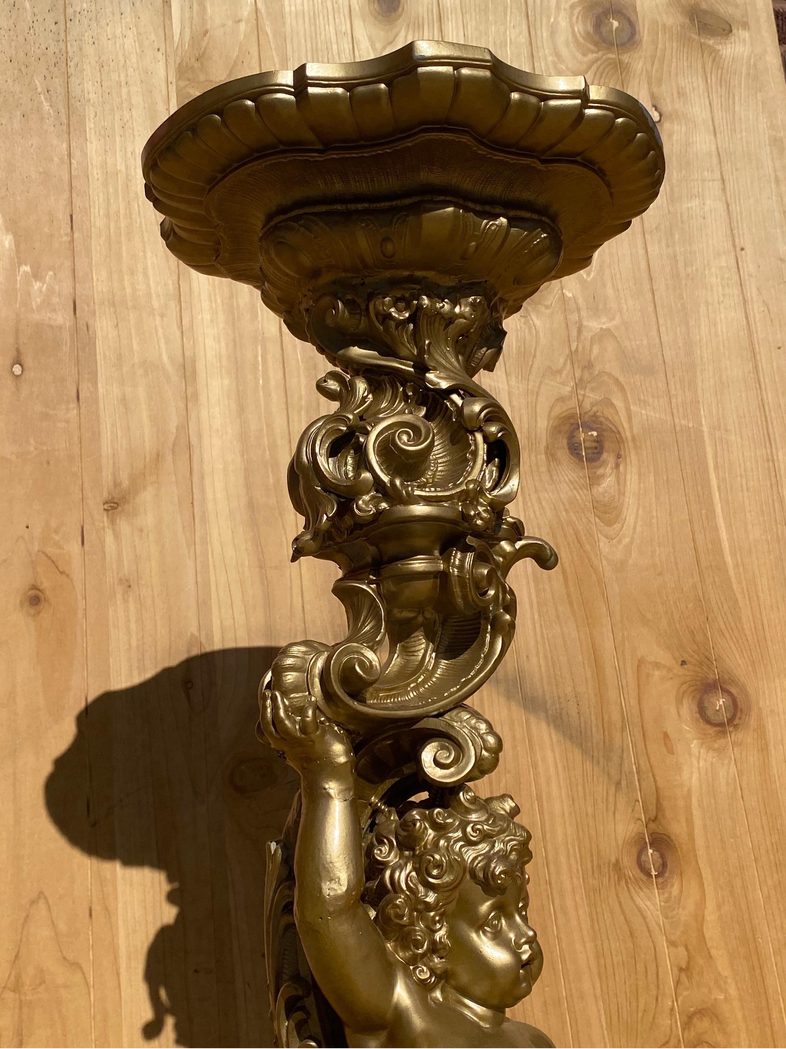 20th Century Vintage Italian Neoclassical Style Gold Ornate Cherub Putti Pedestal Plant Stand For Sale