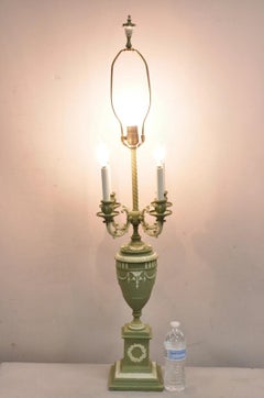 Vintage Italian Neoclassical Style Green Painted Metal Urn Candelabra Table Lamp