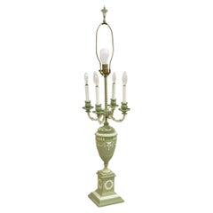 Vintage Italian Neoclassical Style Green Painted Metal Urn Candelabra Table Lamp