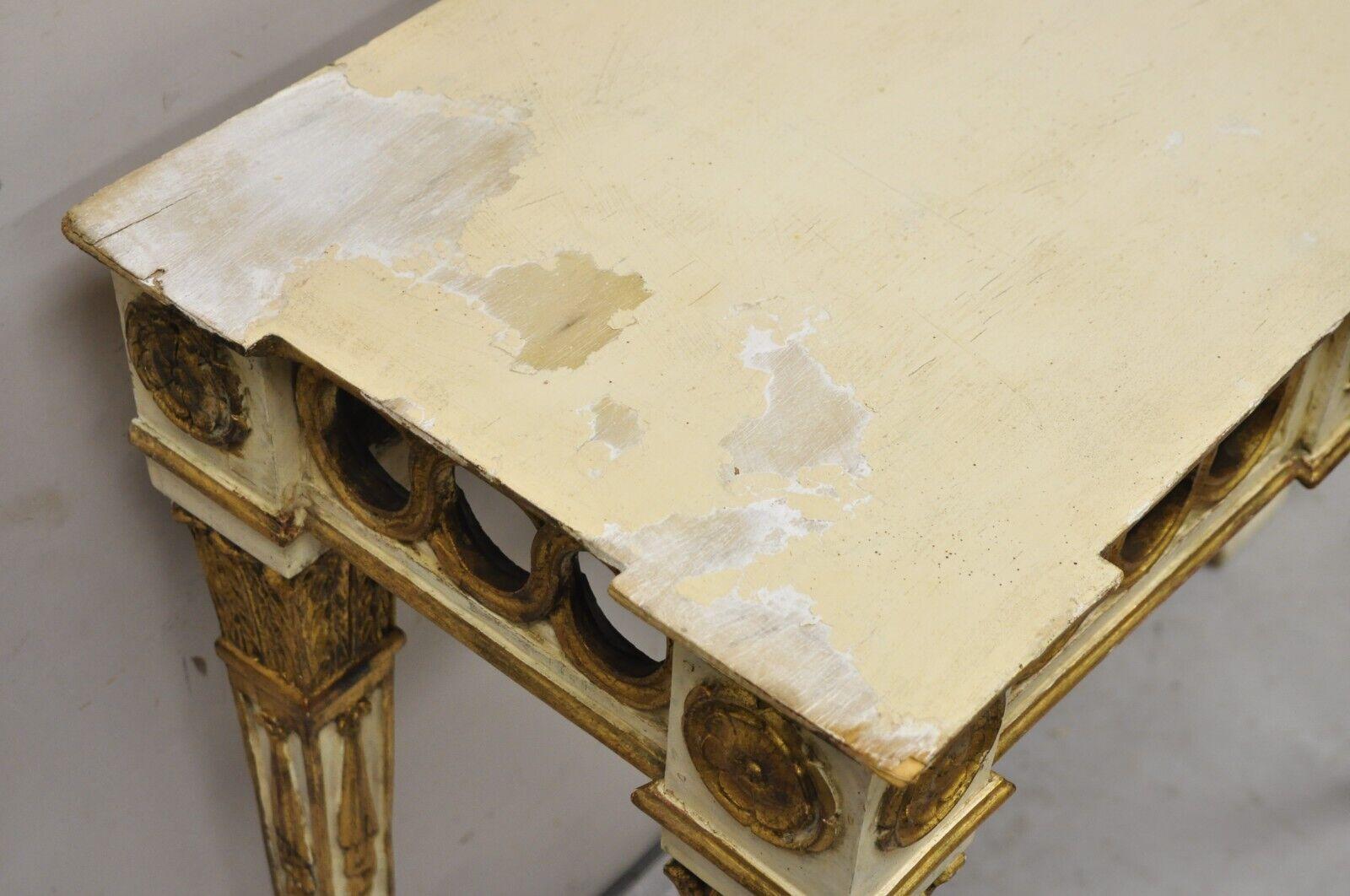 Vintage Italian Neoclassical Style Marble Top Cream and Gold Gilt Console Table For Sale 6