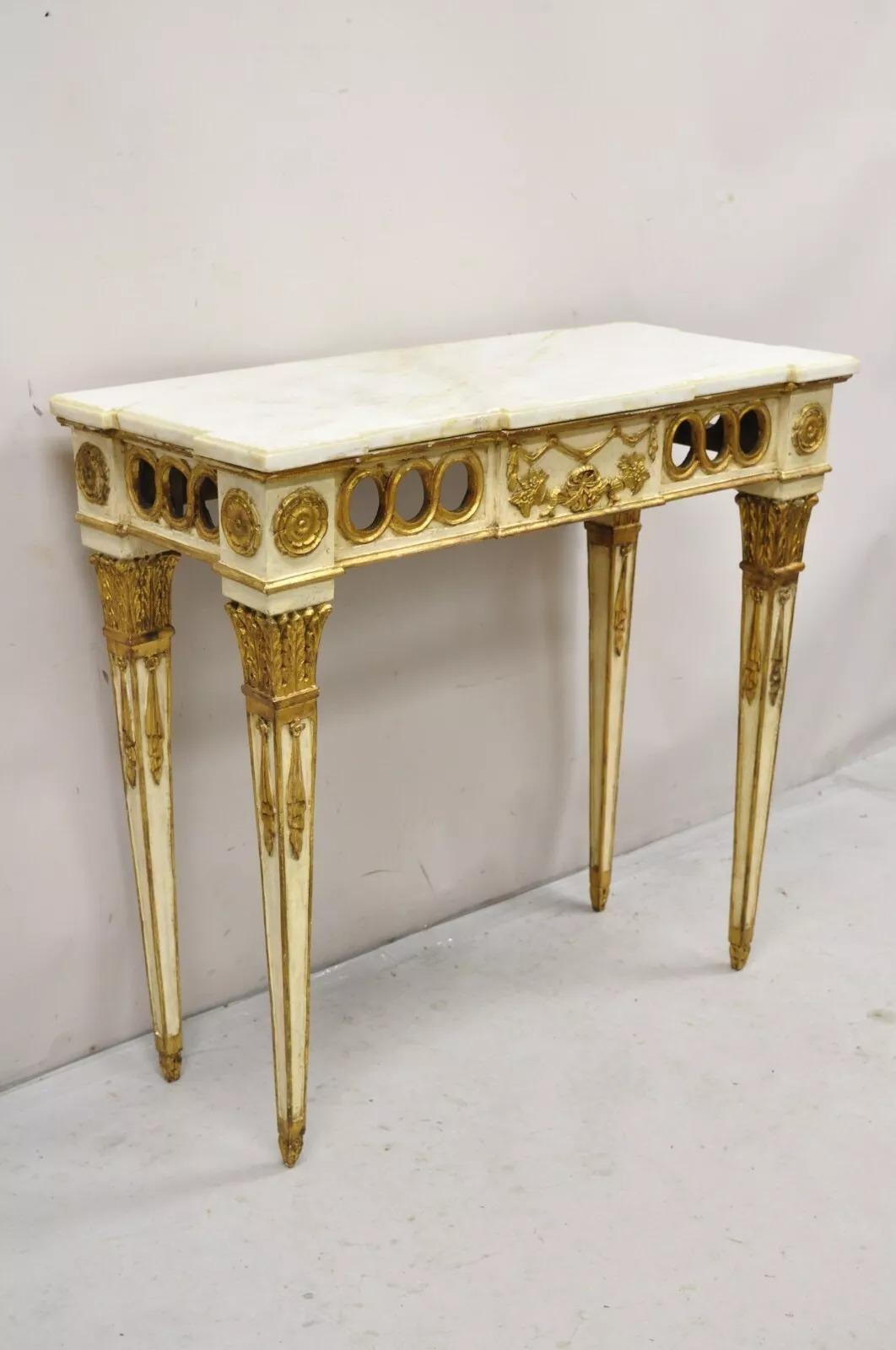 Vintage Italian Neoclassical Style Marmor Top Creme und Gold vergoldet Konsolentisch. Um 1950er Jahre. Abmessungen: 36,5 
