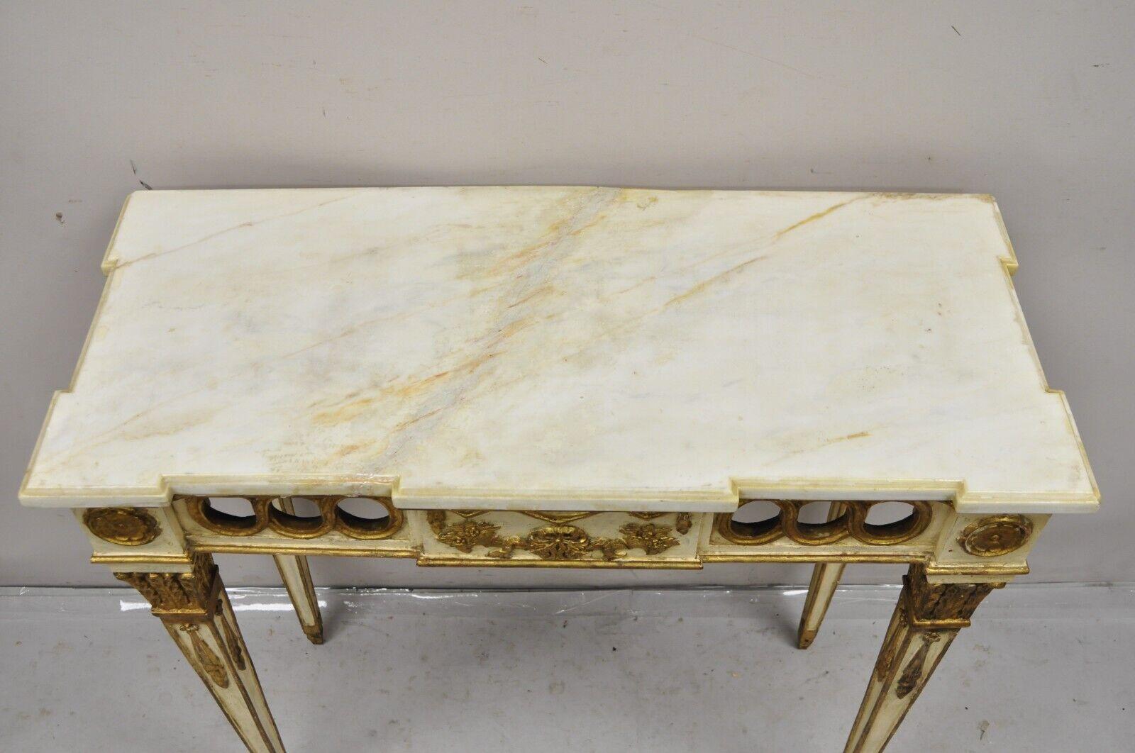 Vintage Italian Neoclassical Style Marble Top Cream and Gold Gilt Console Table In Good Condition For Sale In Philadelphia, PA