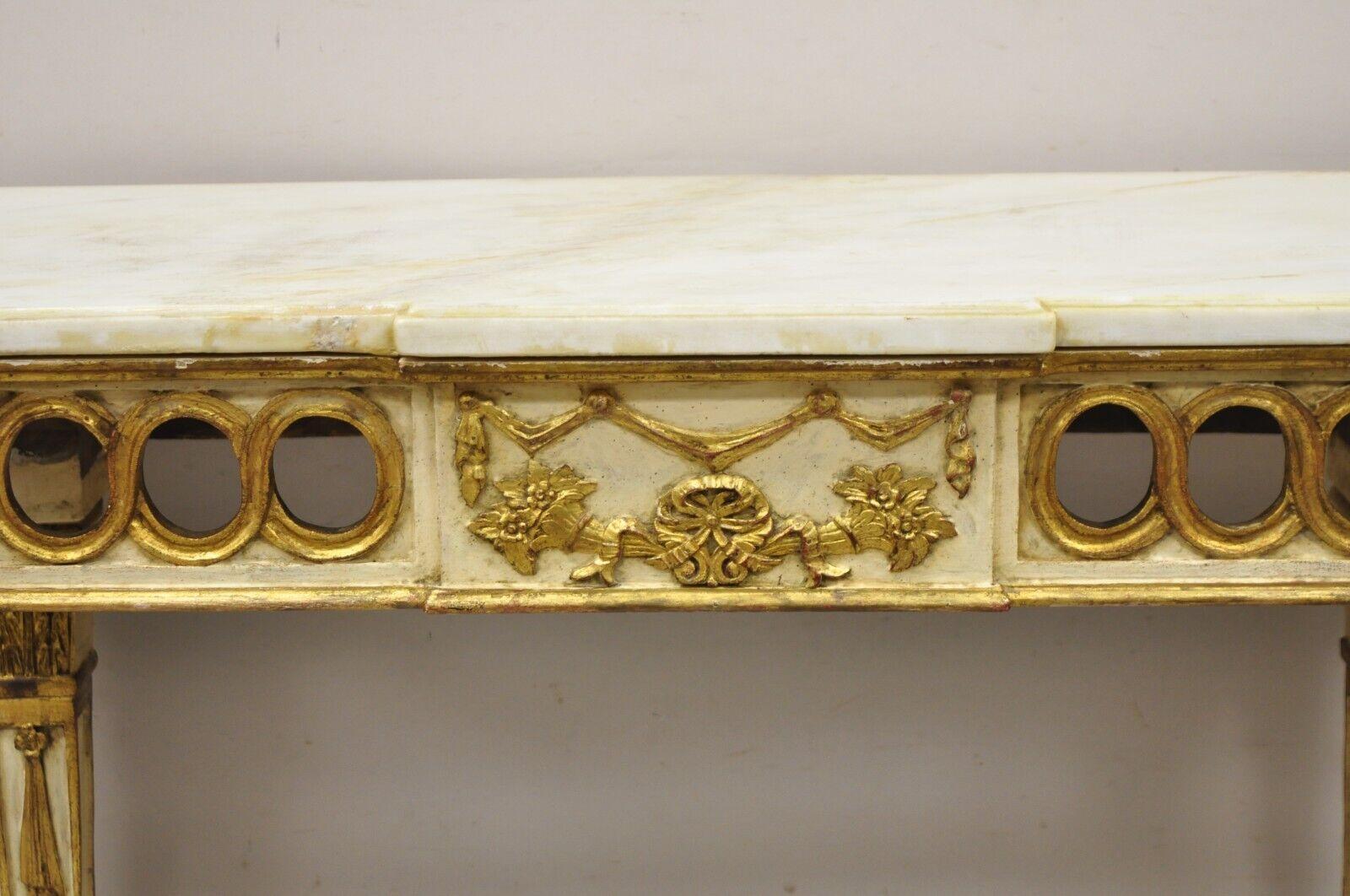 Vintage Italian Neoclassical Style Marble Top Cream and Gold Gilt Console Table For Sale 2