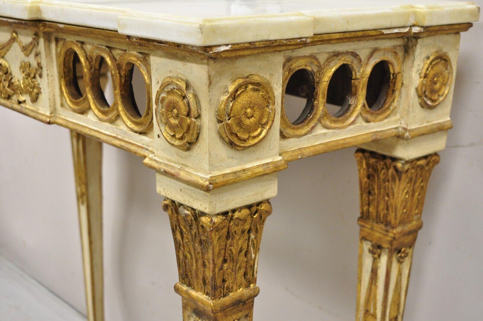 Vintage Italian Neoclassical Style Marble Top Cream and Gold Gilt Console Table For Sale 3