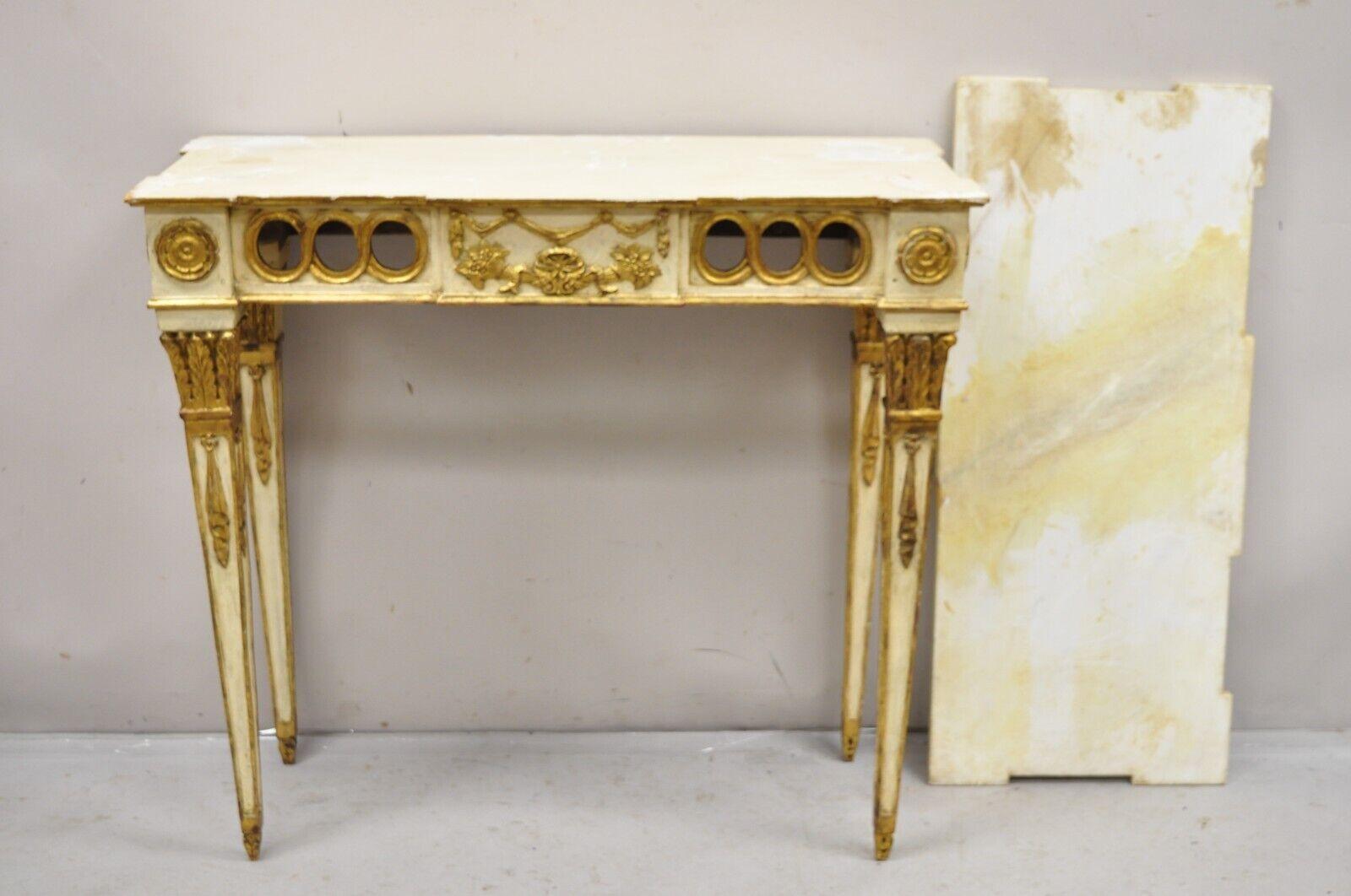 Vintage Italian Neoclassical Style Marble Top Cream and Gold Gilt Console Table For Sale 5