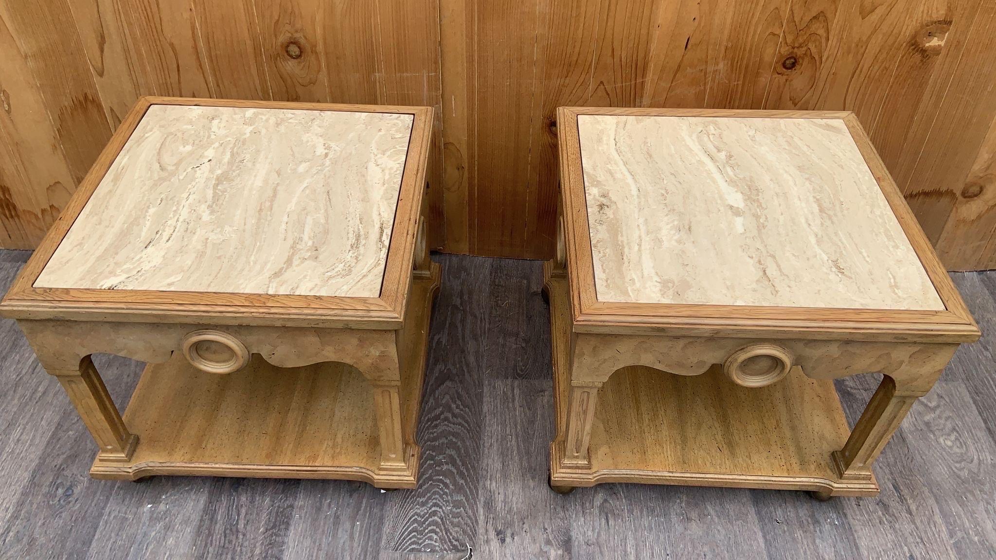 Vintage Italian Neoclassical Style Pickled Wood End Tables w/ Travertine Tops In Good Condition For Sale In Chicago, IL