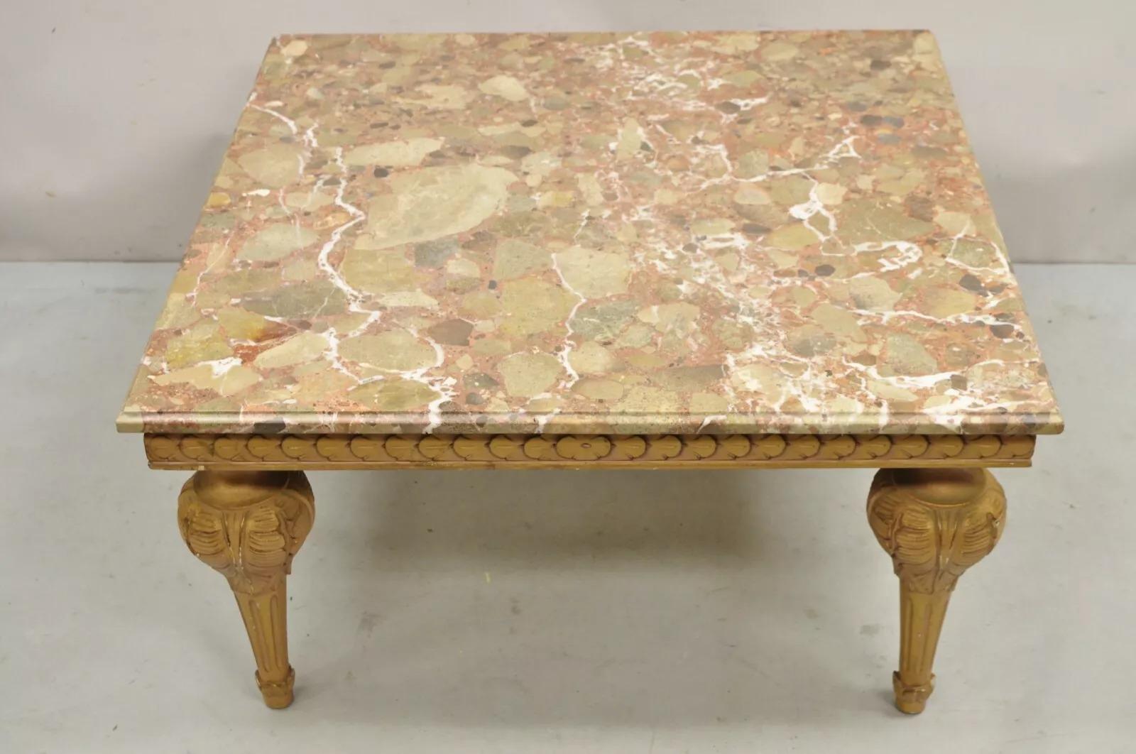 Vintage Italian Neoclassical Style Pink Rouge Marble Square Coffee Table with Pink/Gold Painted Carved Wood Base. Circa Mid 20th Century. Dimensions : 18,5