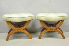 Vintage Italian Neoclassical Style Walnut Wood Curule X-Form Stool - a Pair