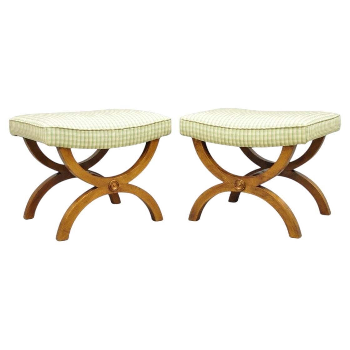 Vintage Italian Neoclassical Style Walnut Wood Curule X-Form Stool - a Pair For Sale