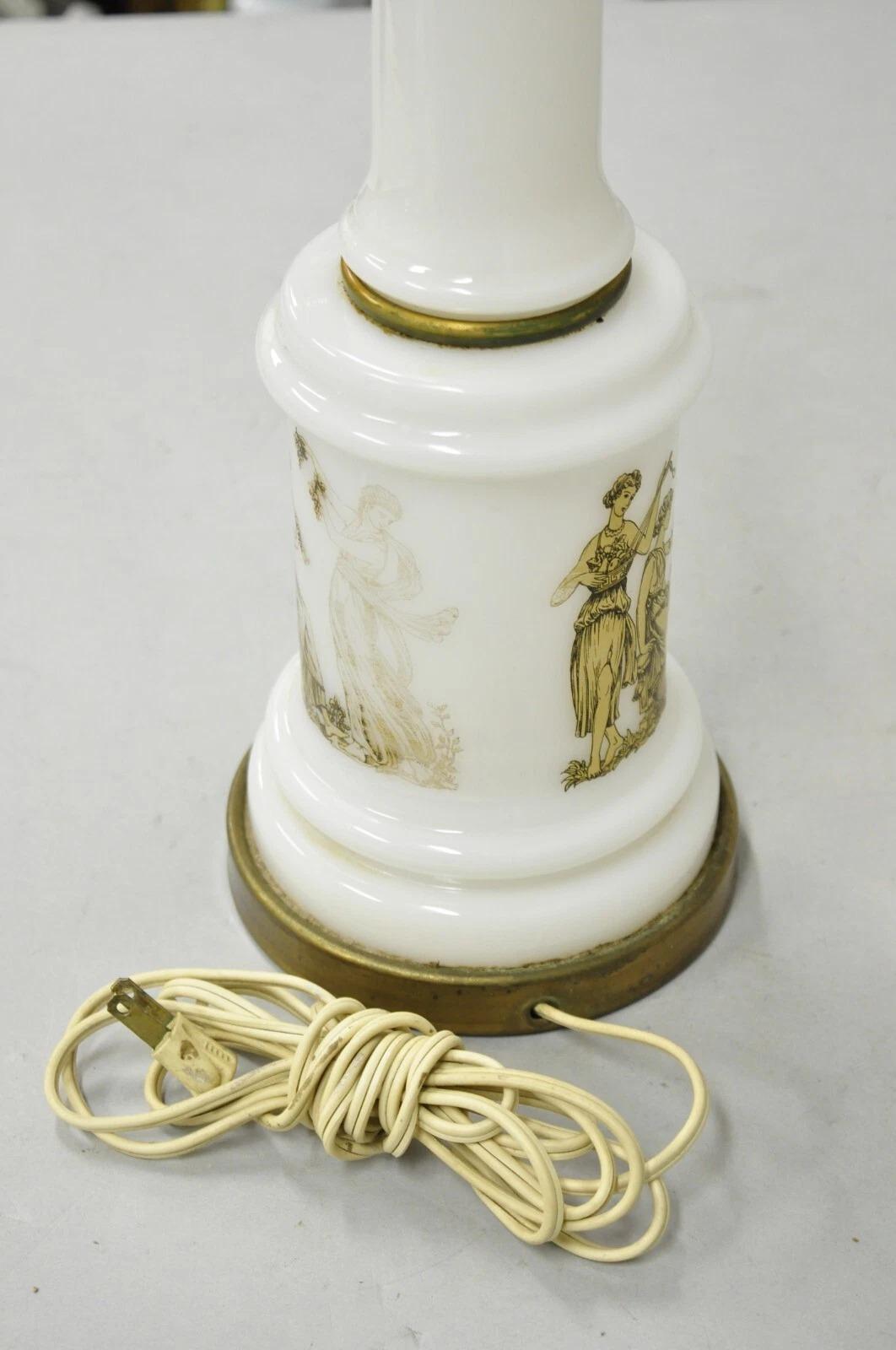 Vintage Italian Neoclassical Style White Milk Glass Empire Column Table Lamp For Sale 4