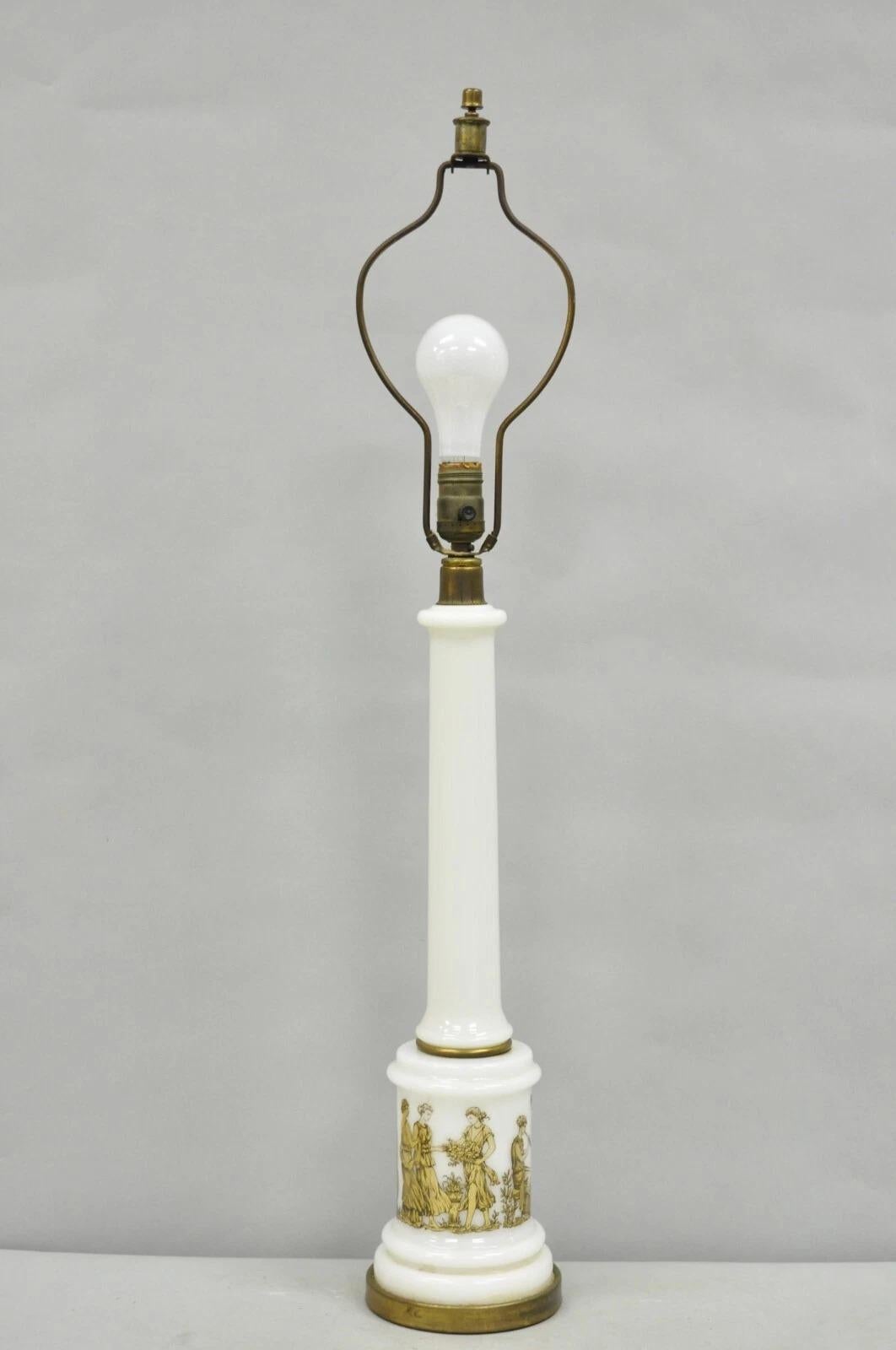 Vintage Italian Neoclassical Style White Milk Glass Empire Column Table Lamp For Sale 5