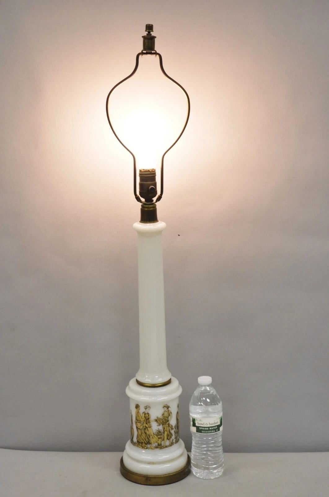 Vintage Italian Neoclassical Style White Milk Glass Empire Column Table Lamp. Circa Mid 20th Century. Measurements: 34.5