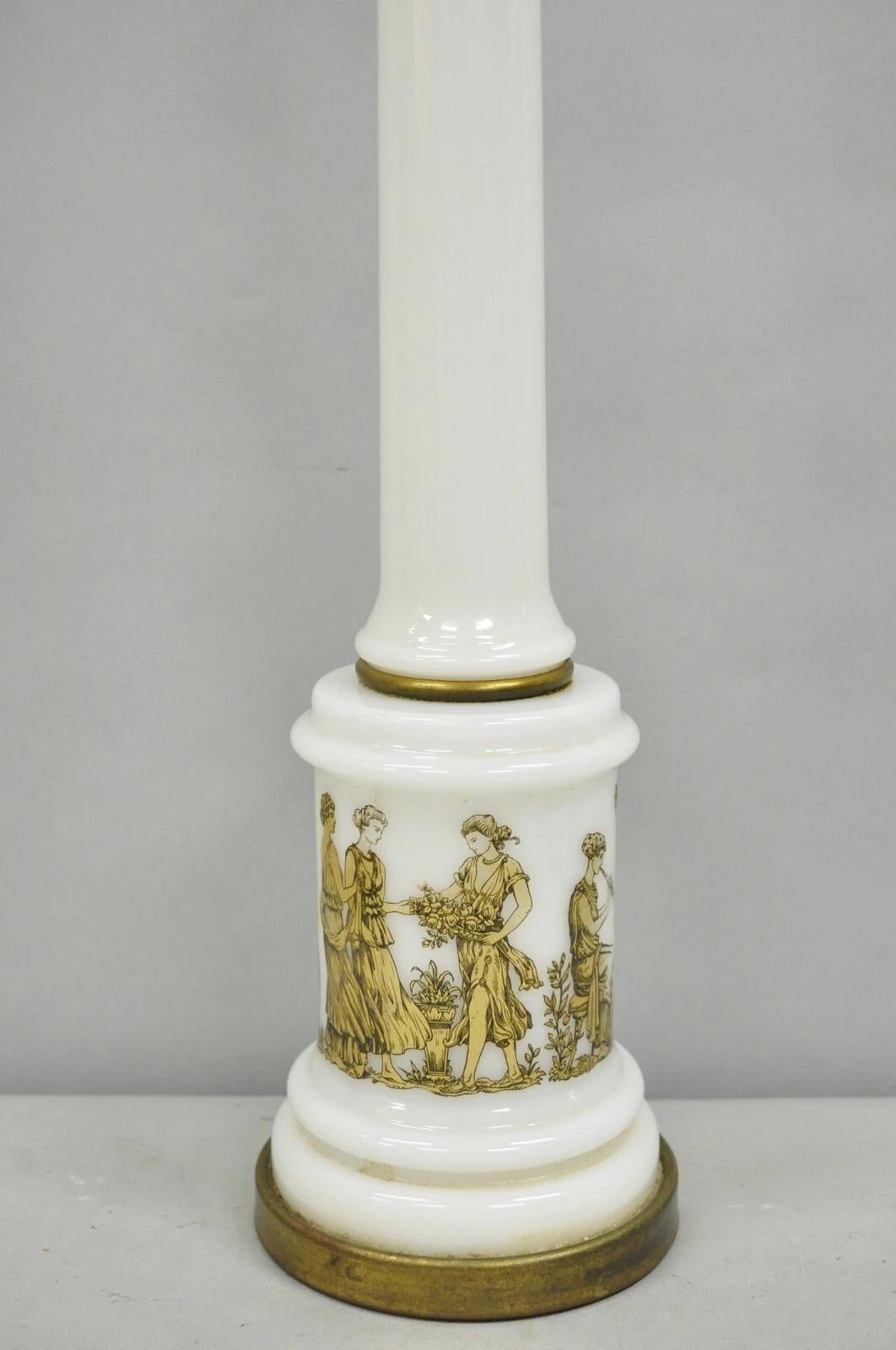 Vintage Italian Neoclassical Style White Milk Glass Empire Column Table Lamp For Sale 1