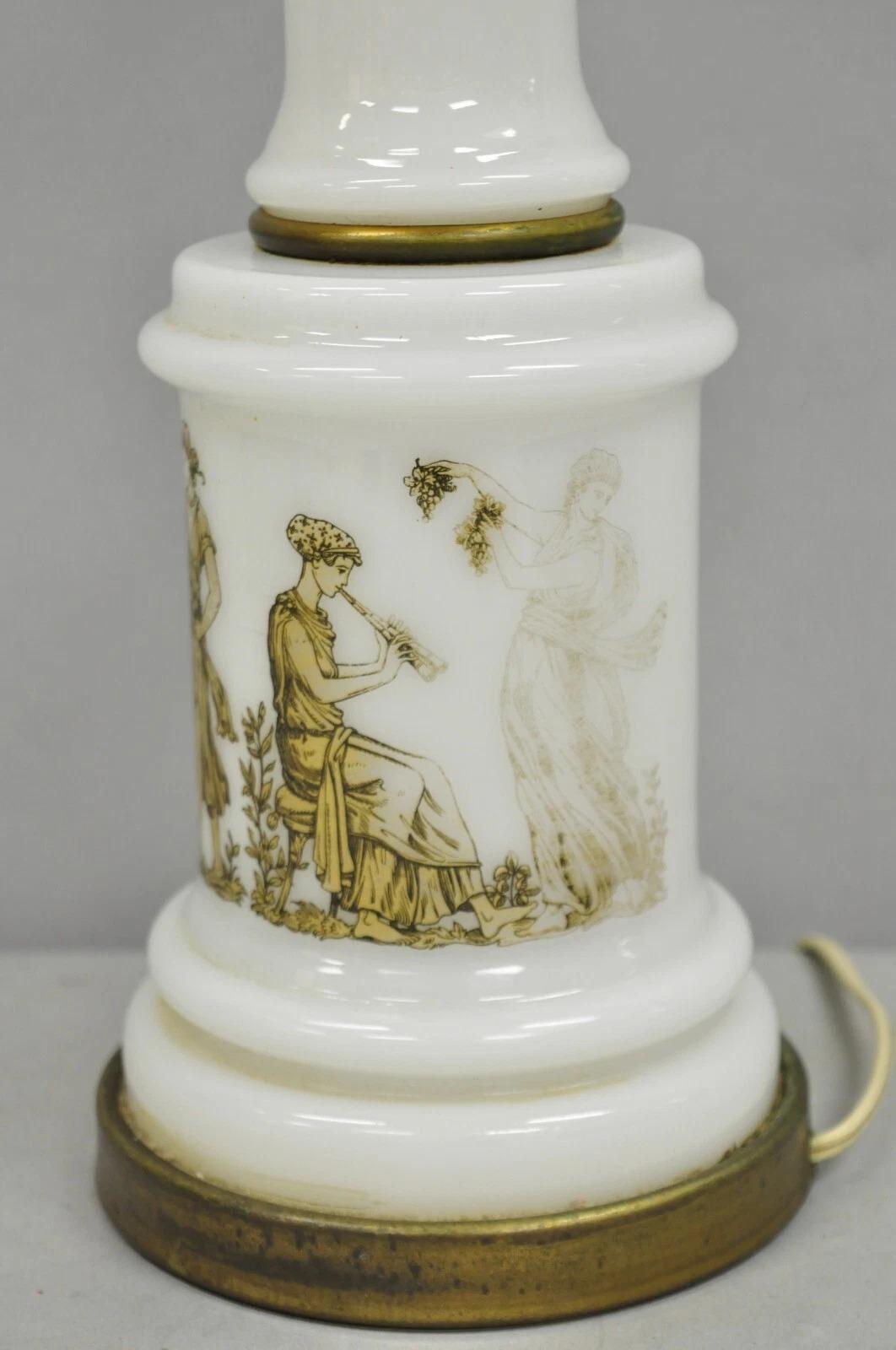 Vintage Italian Neoclassical Style White Milk Glass Empire Column Table Lamp For Sale 2
