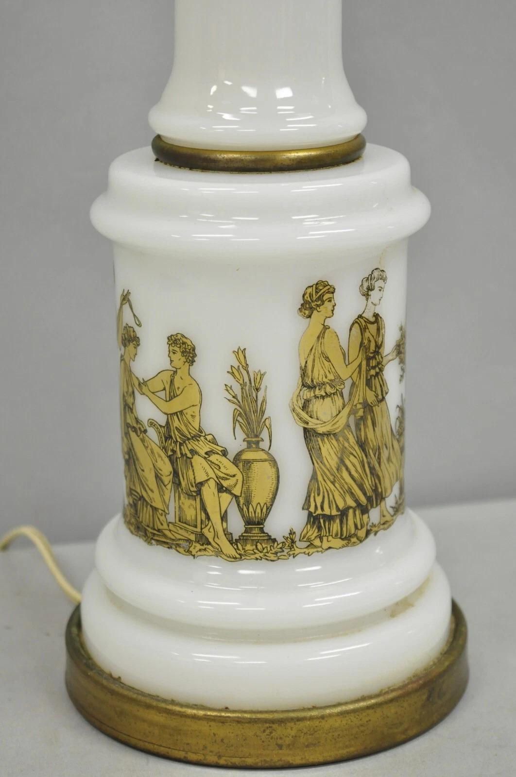 Vintage Italian Neoclassical Style White Milk Glass Empire Column Table Lamp For Sale 3