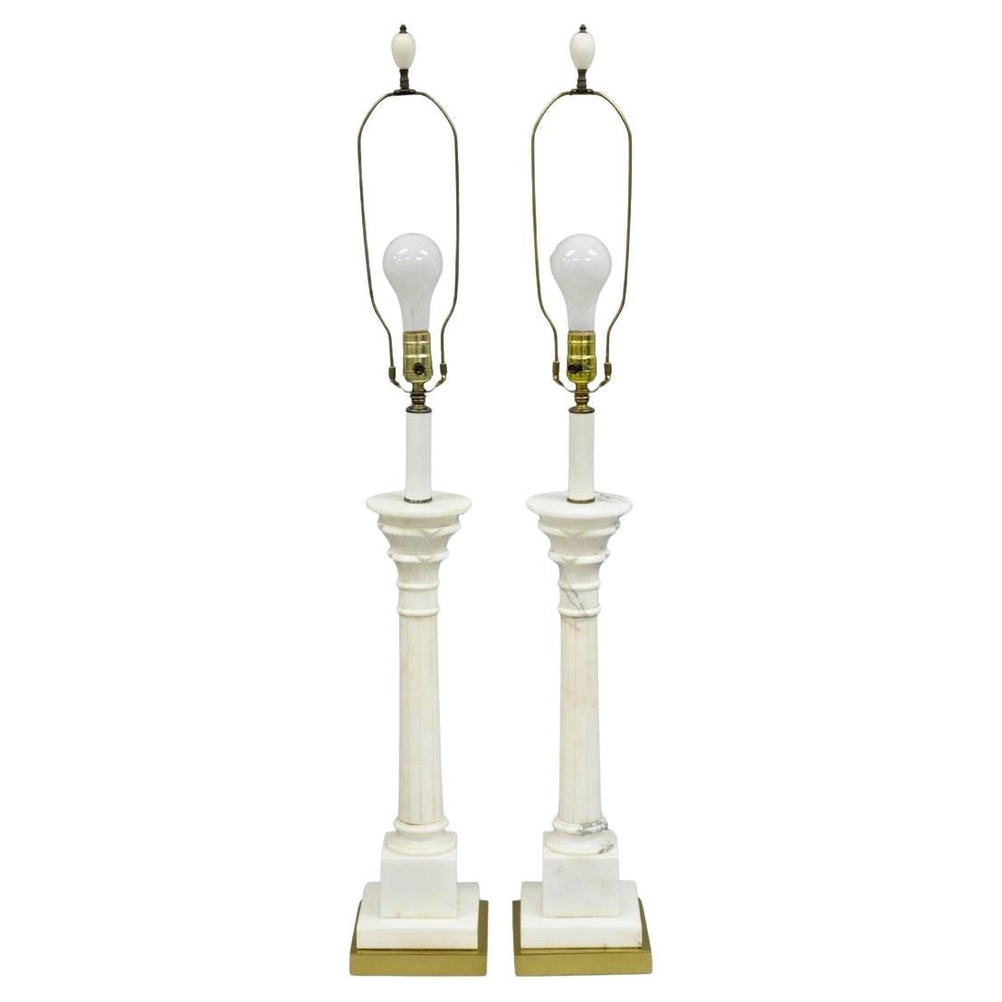 Vintage Italian Neoclassical White Carved Marble Empire Column Table Lamp Pair