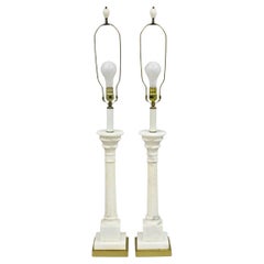 Vintage Italian Neoclassical White Carved Marble Empire Column Table Lamp Pair