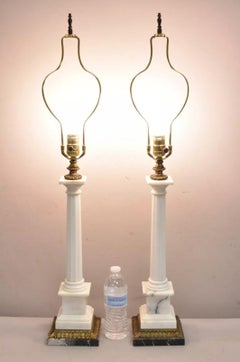 Vintage Italian Neoclassical White Marble Column Form Table Lamps - a Pair