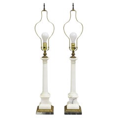 Vintage Italian Neoclassical White Marble Column Form Table Lamps - a Pair