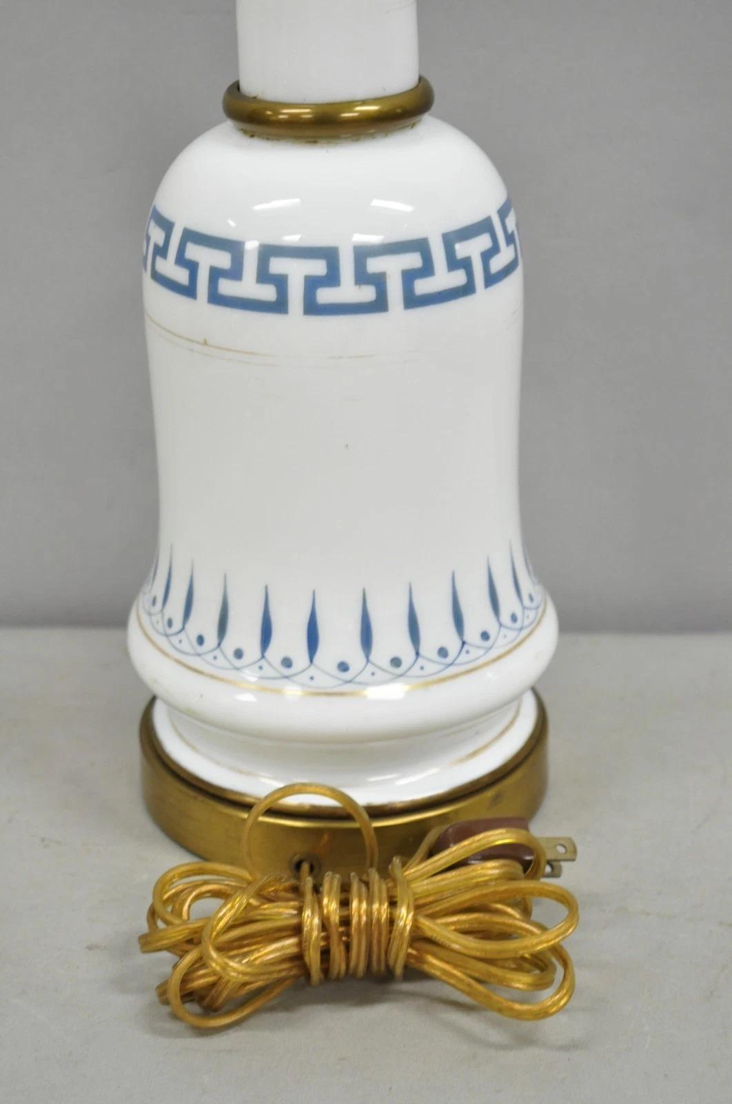 Vintage Italian Neoclassical White Milk Glass Column Blue Greek Key Table Lamp For Sale 4