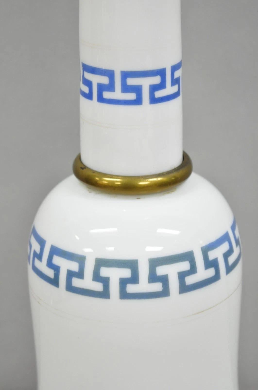 Vintage Italian Neoclassical White Milk Glass Column Blue Greek Key Table Lamp For Sale 5