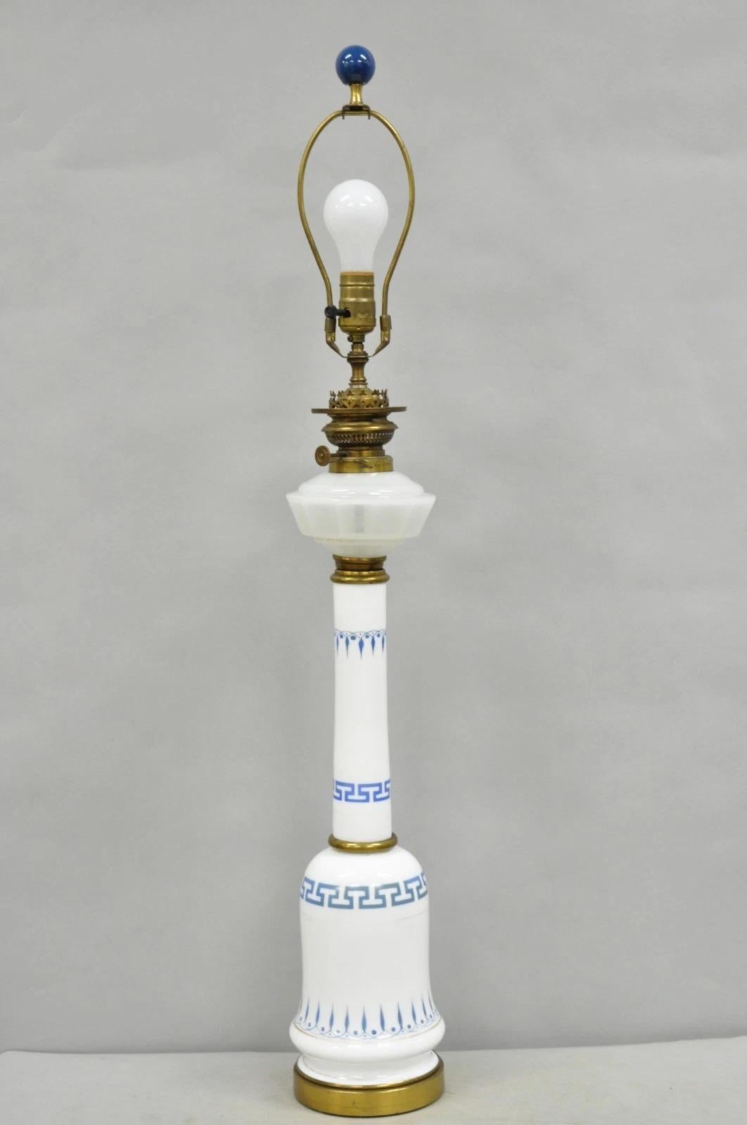 Vintage Italian Neoclassical White Milk Glass Column Blue Greek Key Table Lamp For Sale 6