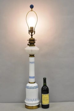 Vintage Italian Neoclassical White Milk Glass Column Blue Greek Key Table Lamp