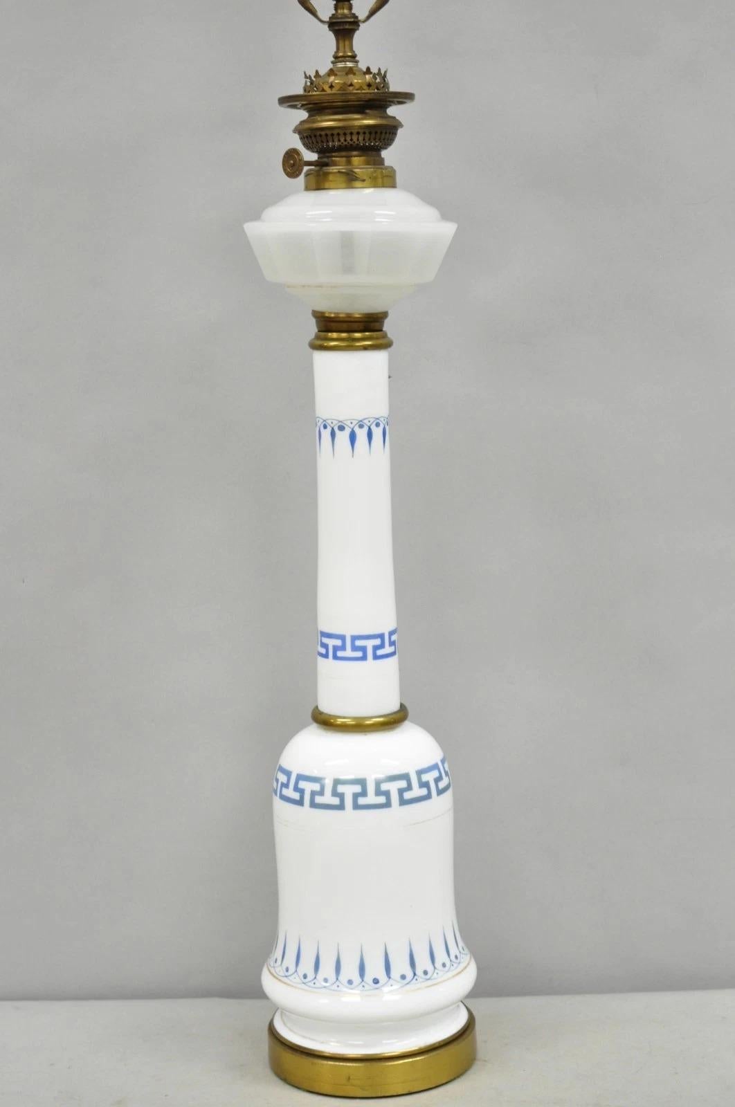 Unknown Vintage Italian Neoclassical White Milk Glass Column Blue Greek Key Table Lamp For Sale