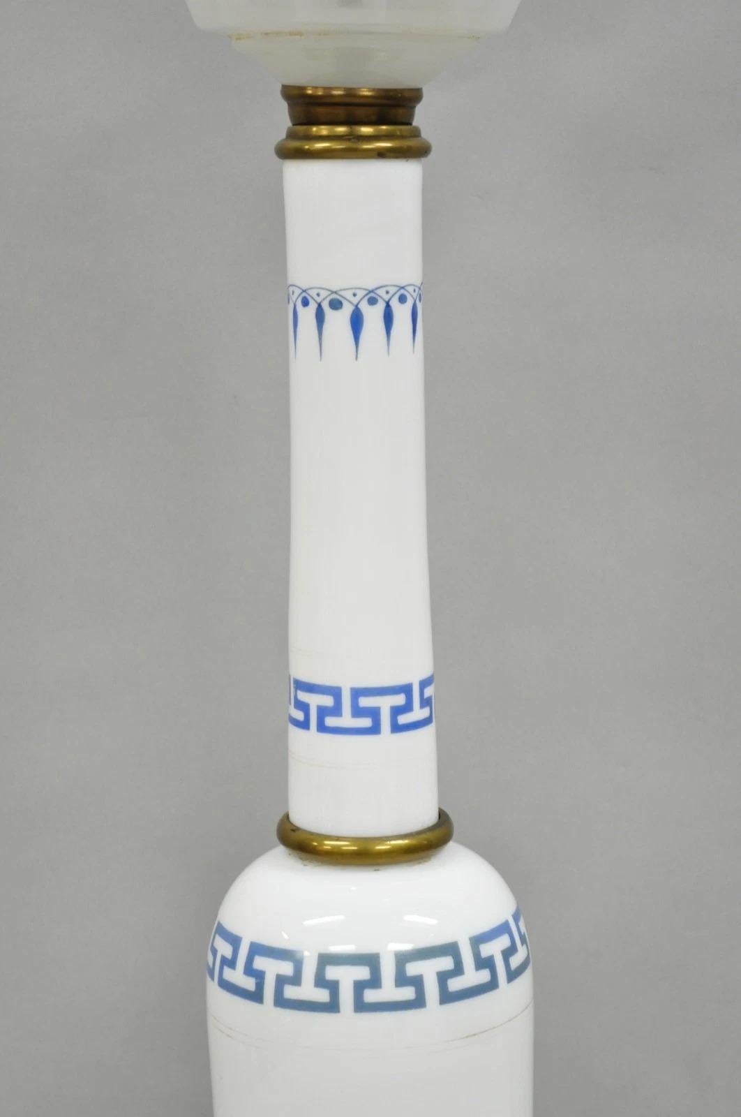 Vintage Italian Neoclassical White Milk Glass Column Blue Greek Key Table Lamp In Good Condition For Sale In Philadelphia, PA