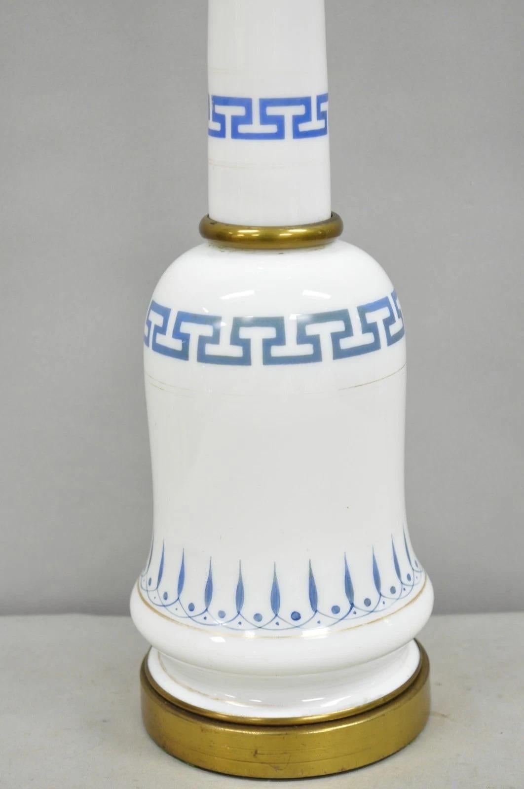 20th Century Vintage Italian Neoclassical White Milk Glass Column Blue Greek Key Table Lamp For Sale