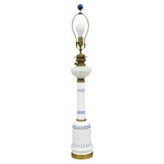 Vintage Italian Neoclassical White Milk Glass Column Blue Greek Key Table Lamp